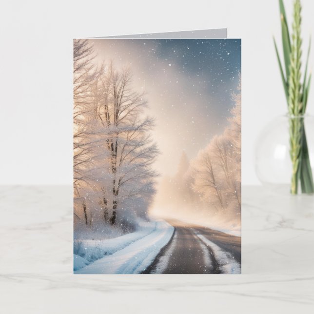 Frosty Winter Trees and Road Holiday Card (Front)