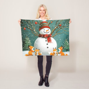 Frosty Winter Whimsical Snowman Fox Wonderland Fleece Blanket