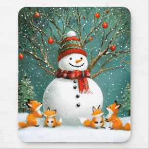 Frosty Winter Whimsical Snowman Fox Wonderland Mouse Pad