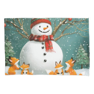 Frosty Winter Whimsical Snowman Fox Wonderland Pillowcase
