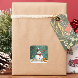 Frosty Winter Whimsical Snowman Fox Wonderland Square Sticker