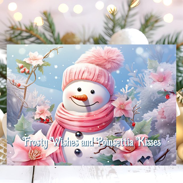 Frosty Wishes and Poinsettia Kisses Snowman Holiday Card (Creator Uploaded)