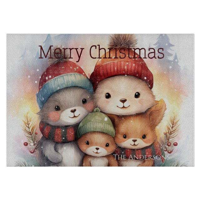 Frosty Woodland Family Merry Christmas Glass Cutting Board (Front)