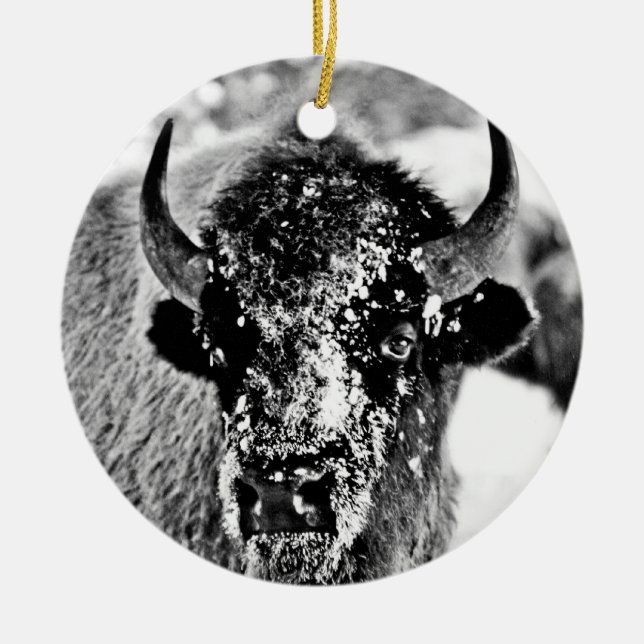Frosty Yellowstone Bison Ceramic Tree Decoration (Front)