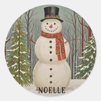 Frosty's Snowy Scene Personalized Christmas Classic Round Sticker