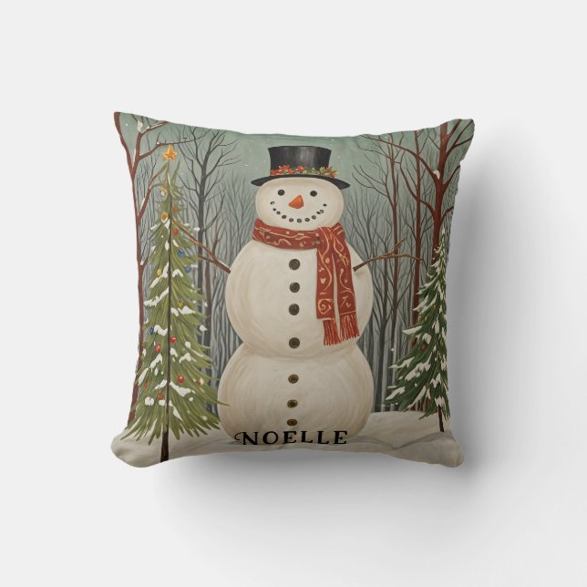 Frosty's Snowy Scene Personalized Christmas Cushion (Front)