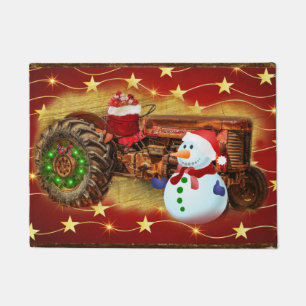 Frosty's Vintage Red Tractor Christmas Doormat