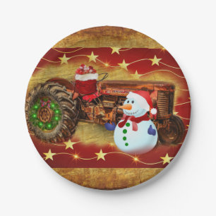 Frosty's Vintage Red Tractor Christmas Paper Plate