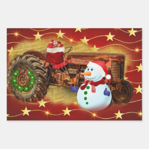 Frosty's Vintage Red Tractor Christmas Wrapping Paper Sheet