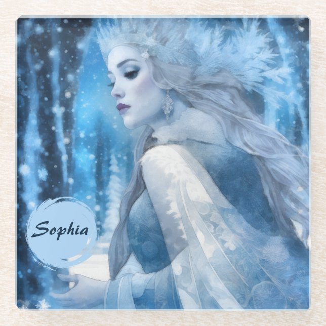 Frozen Beauty Snow Queen in Winter Wonderland Glass Coaster (Front)