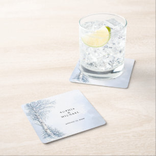 Frozen Birch Tree Wedding Square Paper Coaster