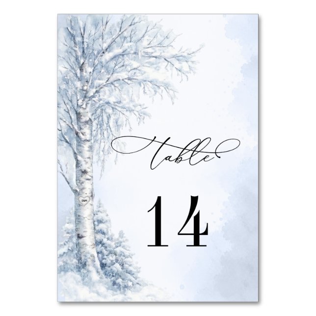 Frozen Birch Tree Wedding Table Number (Front)