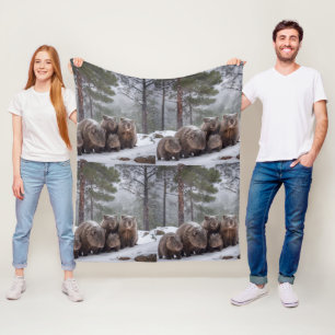 Frozen Burrow: Australian Wombat Family Fleece Blanket