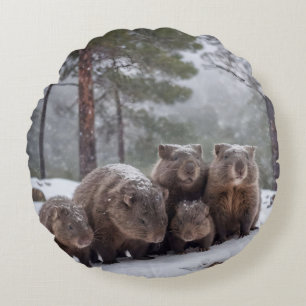 Frozen Burrow: Australian Wombat Family,  Round Cushion