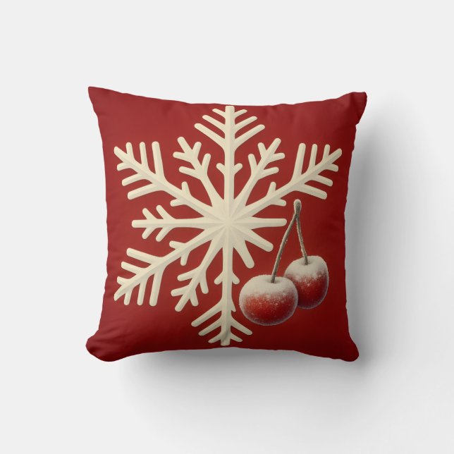 Frozen Cherry Snowflake – Winter Magic Design Cushion (Front)