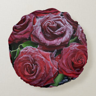 Frozen Dark Red Roses On A Grave Round Cushion