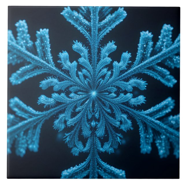 Frozen Elegance: Intricate Blue Snowflake Design Ceramic Tile (Front)