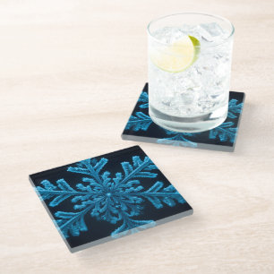 Frozen Elegance: Intricate Blue Snowflake Design Glass Coaster