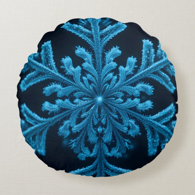 Frozen Elegance: Intricate Blue Snowflake Design Round Cushion (Front)