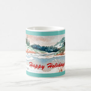 Frozen fish pond with snow and winter weeds coffee mug