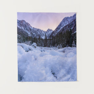 Frozen foliage and mountains at sunset tapestry
