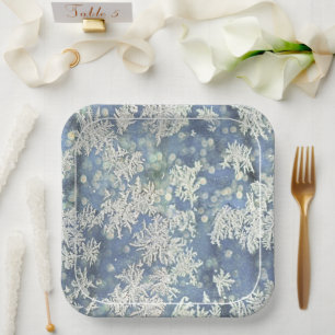 Frozen Frost Abstract Photography Blue/White Paper Plate