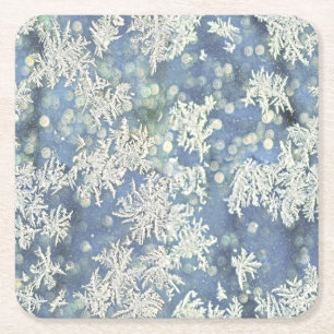 Frozen Frost Abstract Photography Blue/White Square Paper Coaster