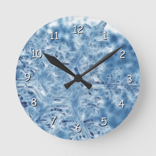 Frozen Ice Crystal Fractal Snowflake Round Clock (Front)