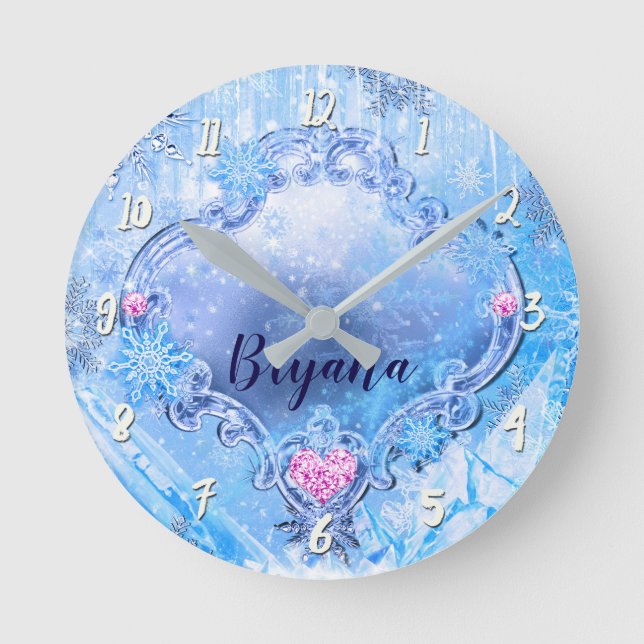 Frozen Ice & Snowflakes Winter Wonderland Sparkle Round Clock (Front)