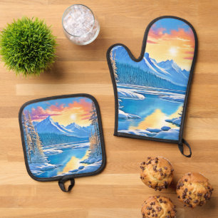 Frozen Lake Sunset Art Oven Mitt & Pot Holder Set