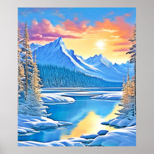 Frozen Lake Sunset Art Poster