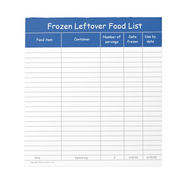 Frozen Leftover Foods List Notepad (Front)