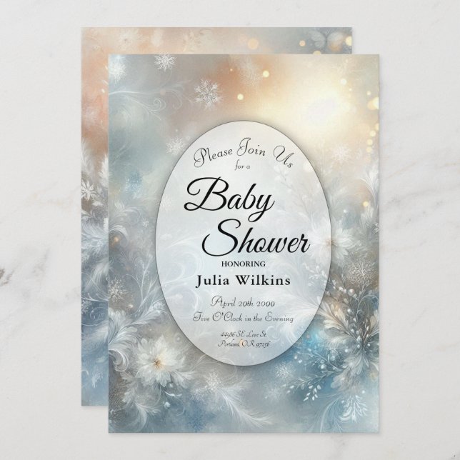 Frozen Petals in a Golden Winter Mist Baby Shower Invitation (Front/Back)