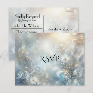Frozen Petals in Golden Winter Mist Wedding RSVP Invitation Postcard