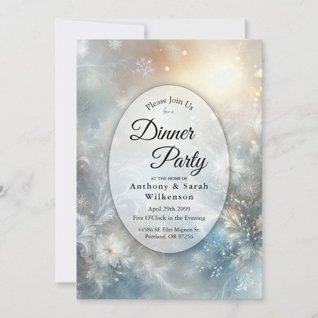 Frozen Petals in Winter Home Dinner Party Invitation (Front)