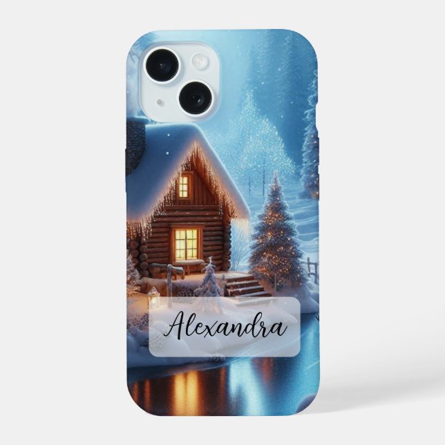 Frozen River Christmas Trees Lanterns Cosy Cabin iPhone 15 Case (Back)