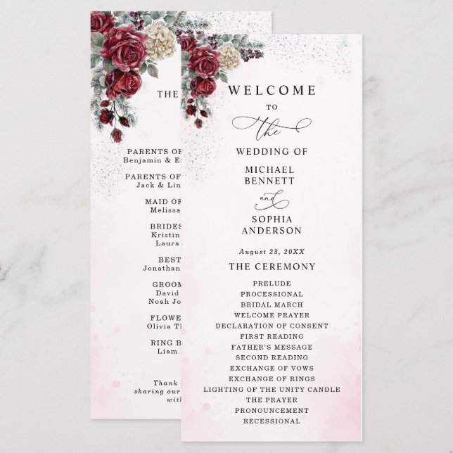 Frozen Roses Winter Wedding Program (Front/Back)