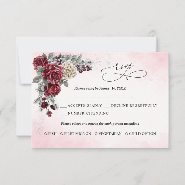 Frozen Roses Winter Wedding RSVP card  (Front)