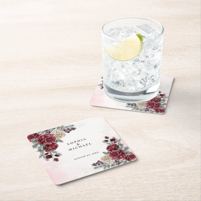 Frozen Roses Winter Wedding  Square Paper Coaster (Insitu)