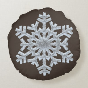 Frozen Snowflake Rich Brown Nature Christmas Round Cushion