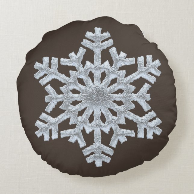 Frozen Snowflake Rich Brown Nature Christmas Round Cushion (Back)