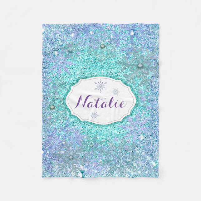 Frozen Snowflake Teal Blue Purple Lavender Fleece Blanket (Front)
