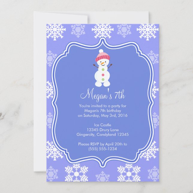 Frozen Snowflake Winter Snowman Birthday Invitation (Front)