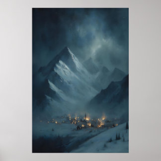 Frozen Snowy Mountain Village Under Snowy Twilight Poster