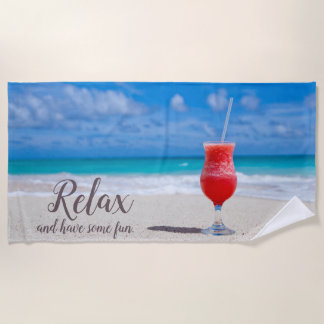 Frozen Strawberry Daiquiri on Blue Sky Sandy Beach Towel