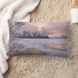 Frozen Surface Po River, Piedmont, Italy Lumbar Cushion