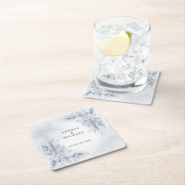 Frozen White Berries Winter Wedding  Square Paper Coaster (Insitu)