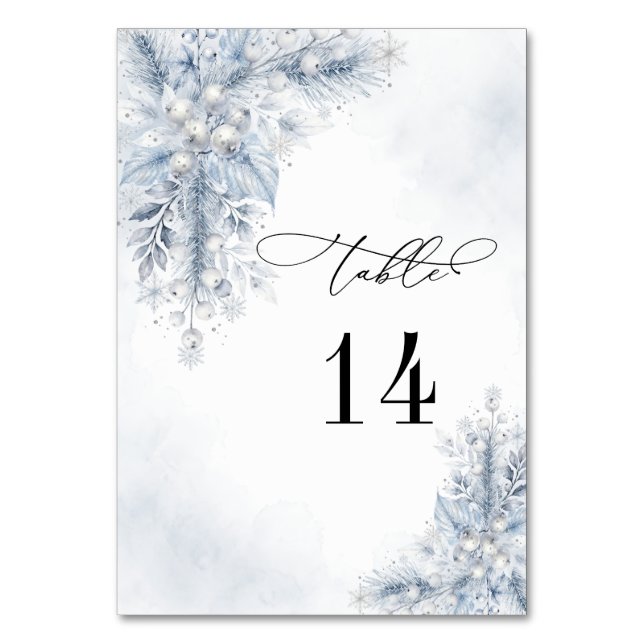Frozen White Berries Winter Wedding Table Number (Front)