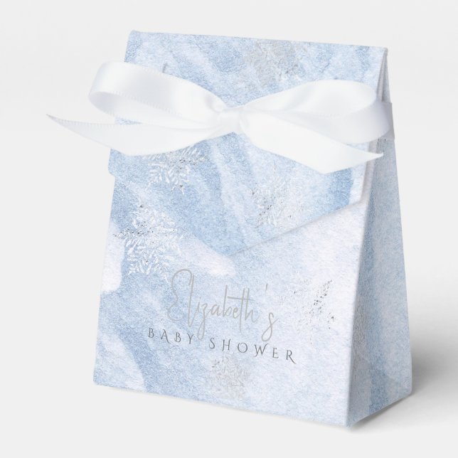 Frozen Winter Silver Snowflake Blue Baby Shower Favour Box (Front Side)