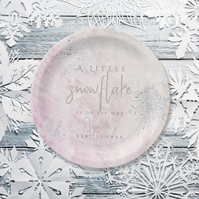 Frozen Winter Silver Snowflake Pink Baby Shower Paper Plate (Creator Uploaded)